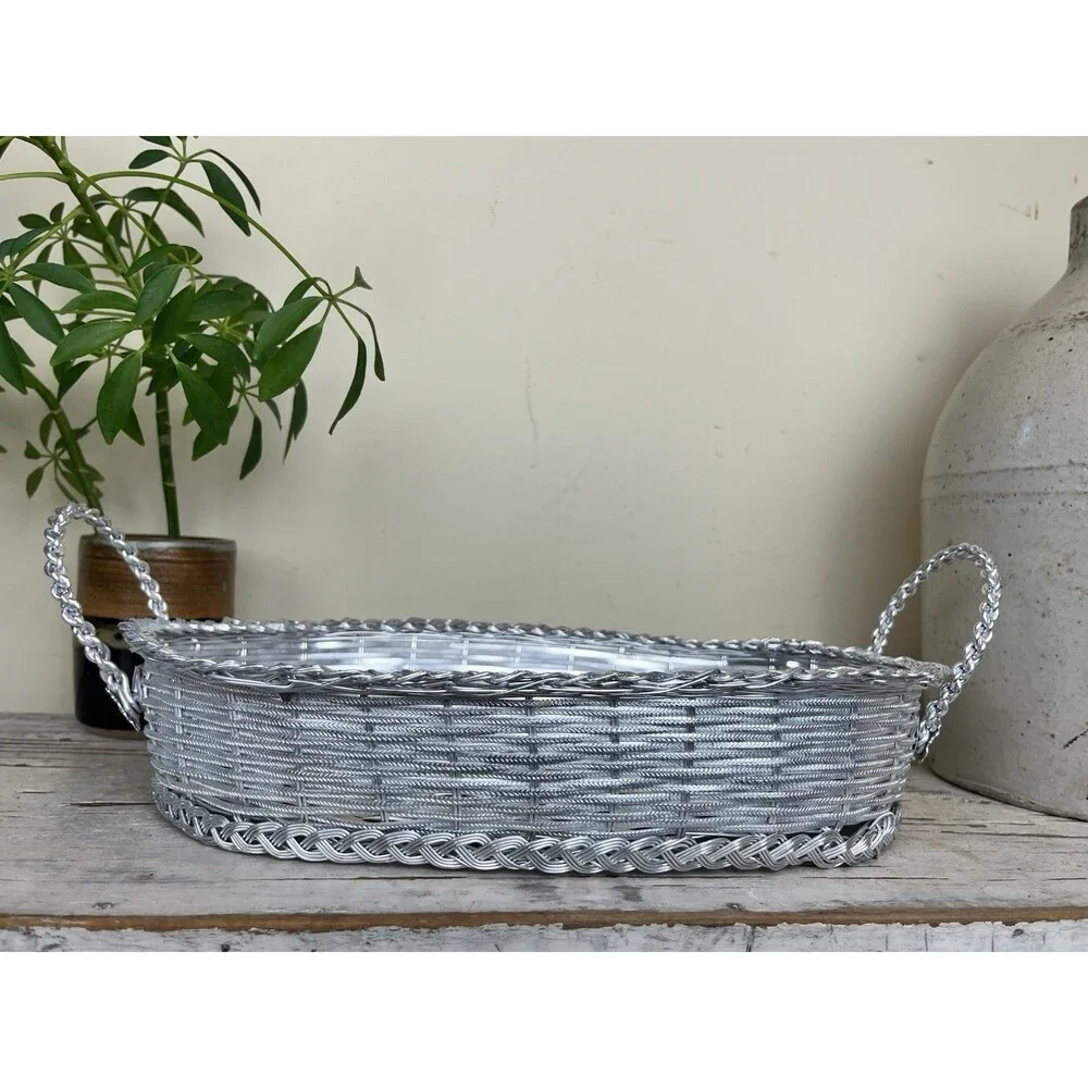 Vintage French Oval Metal Edge Woven Wire Bread Basket 14”x 8” Flower Details